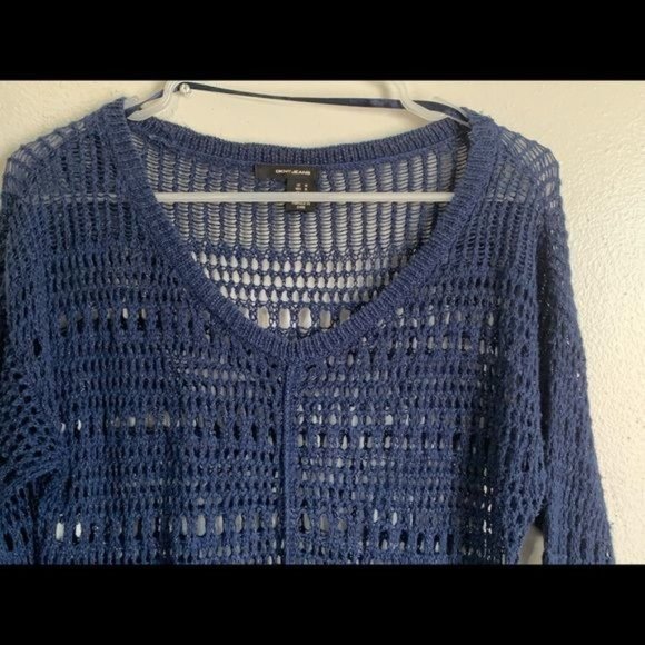 DKNY Jeans Tunic Sweater Medium Blue Silver Metallic Open Knit Long Sleeves - Picture 5 of 9